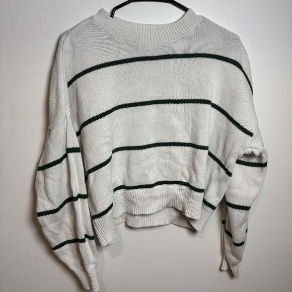 Hollister Sweaters - Hollister Women's White & Green Striped Cropped Crew Neck Knit Sweater Size S